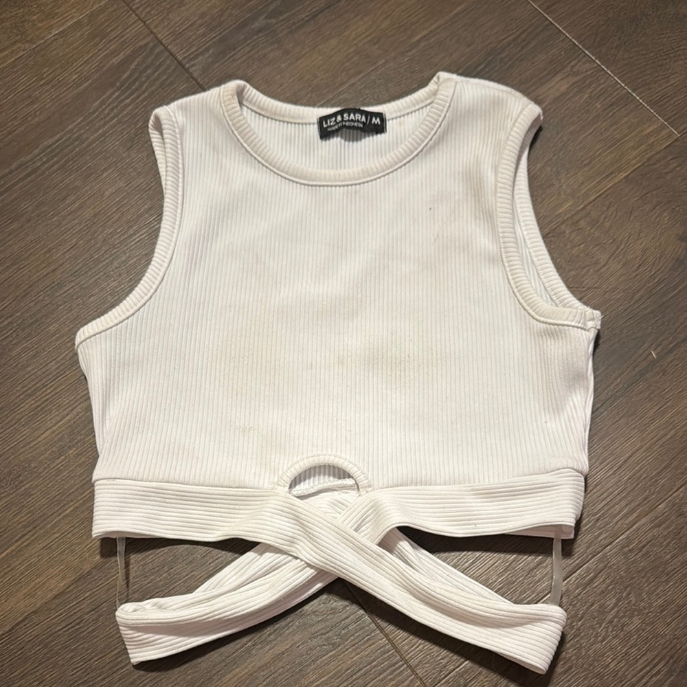 Cream Sleeveless Crop Tank Top with Tie Front
